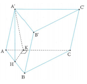 Cho hình lăng trụ ABC.A'B'C' có đáy ABC là tam giác đều cạnh bàng a . Hình chiếu vuông góc của A' xuống mặt phẳng ABC  là trung điểm của AB . Mặt bên AA'C'C  tạo với đáy một góc bằng  . Biết thể tích khối lăng trụ bằng  , khi đó   bằng (ảnh 1)