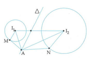 Giả sử z1, z2 là hai số phức thỏa mãn z1 - 2 - 3i = 1  và môdun z2 + 2 + 5i = 2 và số phức z thỏa mãn môdun z - 3 - i = môdun z - 1 + i  . Tìm giá trị nhỏ nhất của biểu thức T = môdun z - z1 + môdun z - z2 (ảnh 1)