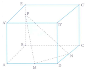 Cho hình lập phương ABCD.A'B'C'D' . Gọi M, N lần lượt là trung điểm các cạnh AD, CD và P là điểm trên cạnh BB' (ảnh 1)