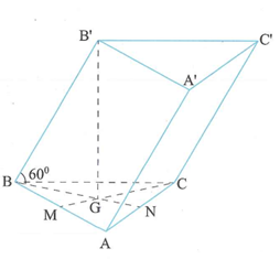 Cho lăng trụ tam giác ABC.A'B'C' có BB' = a,  góc giữa đường thẳng BB' và (ABC) bằng 60°, tam giác ABC vuông tại C và góc BAC = 60 độ.  Hình chiếu vuông góc của điểm B' lên (ABC) trùng với trọng tâm của ABC . Thể tích của khối tứ diện A'.ABC theo a bằng (ảnh 1)