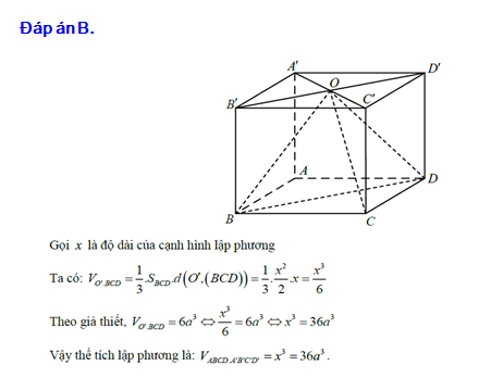 Cho hình lập phương ABCD A'B'C'D'  với  là tâm hình vuông . Biết rằng tứ diện có thể tích bằng . Tính thể tích V của khối lập phương . (ảnh 1)