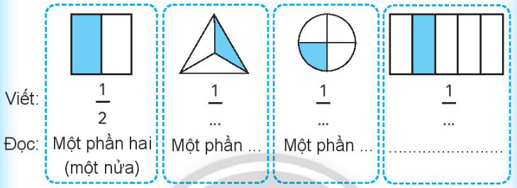 Vở bài tập Toán lớp 3 Tập 1 trang 48, 49 Một phần hai, một phần ba, một phần tư, một phần năm - Chân trời sáng tạo (ảnh 1)