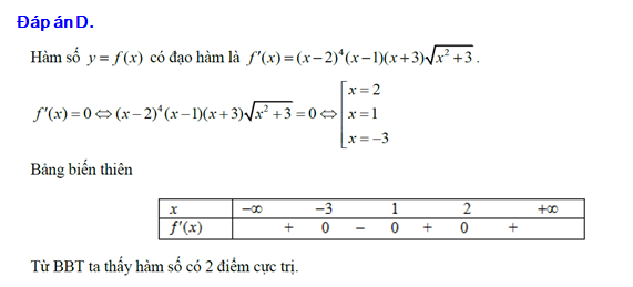  Cho hàm số  có đạo hàm là . Tìm số điểm cực trị của hàm số : (ảnh 1)