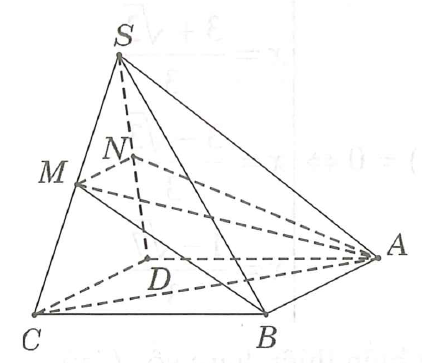 Cho hình chóp S.ABCD có đáy ABCD là hình chữ nhật. Mặt phẳng   đi qua A, B và trung điểm M của SC. Mặt phẳng   chia khối chóp đã cho thành hai phần có thể tích lần lượt là   với   Tính tỉ số    (ảnh 1)