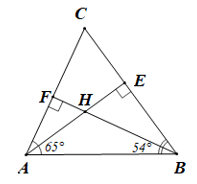 Cho tam giác ABC có góc A = 65 độ, góc B = 54 độ