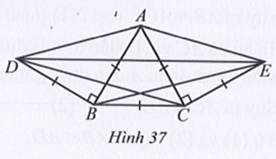 Cho Hình 37 có AB = AC = BC = BD = CE, góc ABD = góc ACE = 90 độ