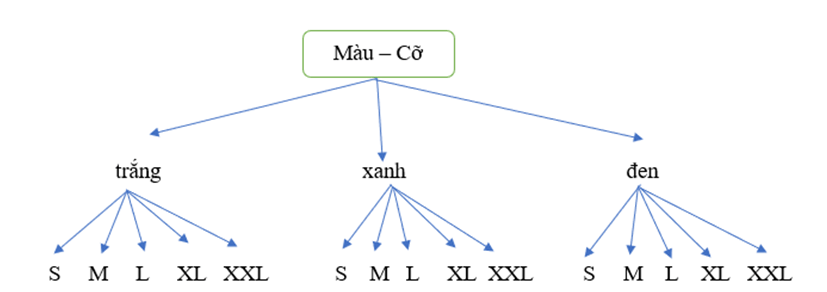 Một hãng thời trang đưa ra một mẫu áo sơ mi mới có ba màu: trắng, xanh, đen. Mỗi loại có các cỡ S, M, L, XL, XXL