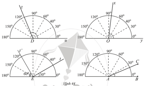 Đọc tên các góc ở Hình 44 và viết các góc theo thứ tự tăng dần (ảnh 1)