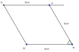 Vẽ hình thoi MNPQ biết góc MNP bằng 60° và MN = 6 cm