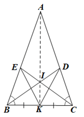 Cho tam giác ABC cân tại A có K là trung điểm của đoạn BC. Hai đường phân giác BD và CE