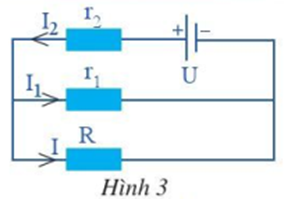 Cho mạch điện như Hình 3. Biết U = 20 V, r1 = 1 ô, r2 = 0,5 ôm, R = 2 ôm (ảnh 1)