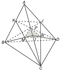 Cho tứ diện ABCD có M, N, P lần lượt là trọng tâm của ABC, ACD, ABD . Chứng minh rằng (MNP) // (BCD)  (ảnh 1)