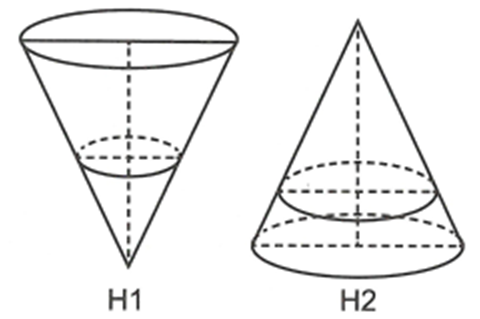 Một cái phễu có dạng hình nón chiều cao của phễu là 30 cm. Người ta đổ một lượng nước vào phễu sao cho chiều cao của cột nước trong phễu bằng 15 cm (hình H1). (ảnh 1)