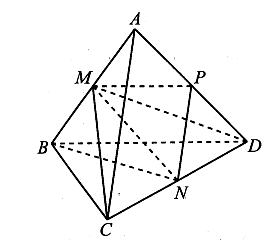 Cho tứ diện ABCD có AB=CD=a;AC=BD=b;AD=BC=c . Giá trị côsin góc giữa hai đường thẳng AC và BD bằng (ảnh 1)