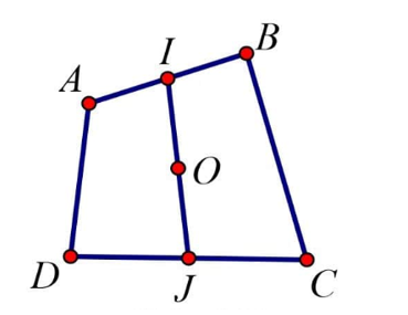 Cho tứ giác ABCD. Gọi I, J lần lượt là trung điểm của AB và CD, O là trung điểm  (ảnh 1)