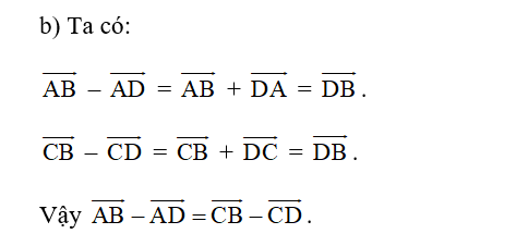 b) vecto AB - vecto AD= vecto CB- vecto CD (ảnh 1)