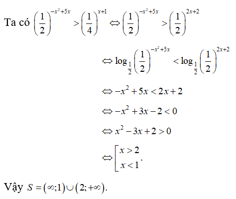 Tập nghiệm của bất phương trình (1/2)^ -x^2 + 5x lớn hơn (1/4)^ x + 1  là (ảnh 1)