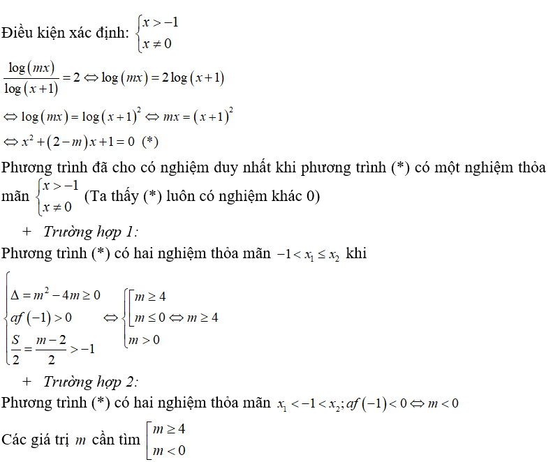 Có bao nhiêu giá trị nguyên của tham số m thuộc -10;10  để phương trình log mx/ log (x +1) = 2 có nghiệm thực duy nhất? (ảnh 1)