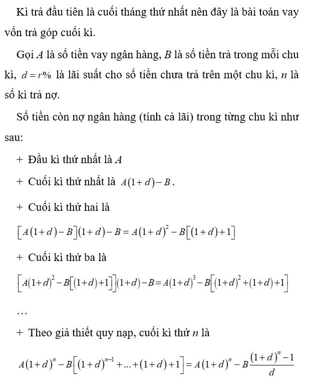 Một người vay ngân hàng số tiền 350 triệu đồng, mỗi tháng trả góp 8 triệu đồng và lãi suất cho số tiền chưa trả là 0,79% một tháng. Kì trả đầu tiên là cuối tháng thứ nhất. Hỏi số tiền phải trả ở kì cuối là bao nhiêu để người này hết nợ ngân hàng? (làm tròn đến hàng nghìn) (ảnh 1)