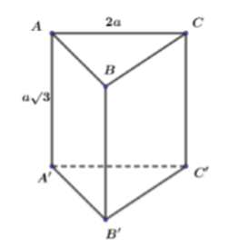 Cho hình lăng trụ tam giác đều ABC.A'B'C'  có  AB=2a, AA'= a căn 3 (ảnh 1)