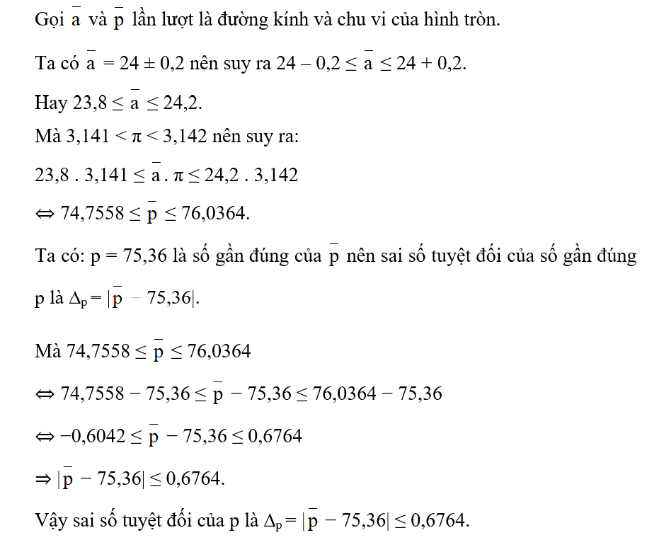 Nam đo được đường kính của một hình tròn là 24 ± 0,2 cm. Nam tính được chu vi hình (ảnh 1)