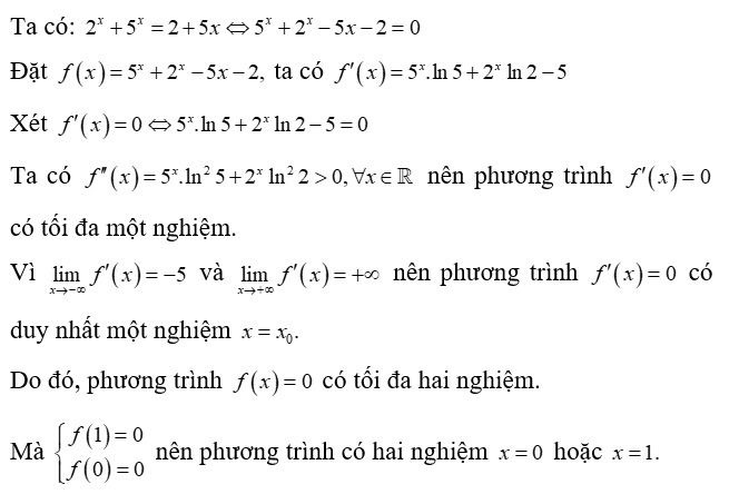 Phương trình 2^x + 5^x = 2 + 5x  có bao nhiêu nghiệm? (ảnh 1)