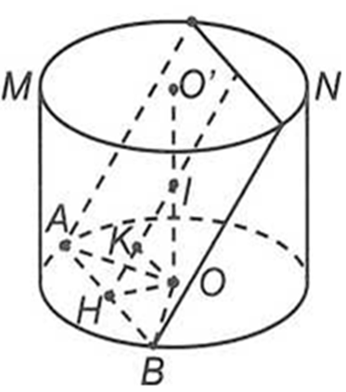 Cho hình trụ có hai đáy là hai hình tròn (O) và (O'), chiều cao 2R và bán kính đáy R. Một mặt phẳng  đi qua trung điểm của OO' và tạo với OO' (ảnh 1)