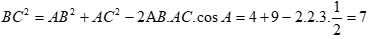 Cho tam giác ABC  có AB = 2. AC = 3, góc BAC = 60 độ. Tính độ dài BC và sinB . (ảnh 2)