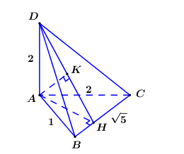 Cho tứ diện ABCD có AD vuông góc (ABC), AC = AD = 2, AB = 1 (ảnh 1)