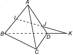 Cho tứ diện ABCD. Gọi I, J lần lượt là các điểm nằm trên AB, AD với I là trung điểm AB và Ạ = 2/3 AD (ảnh 1)