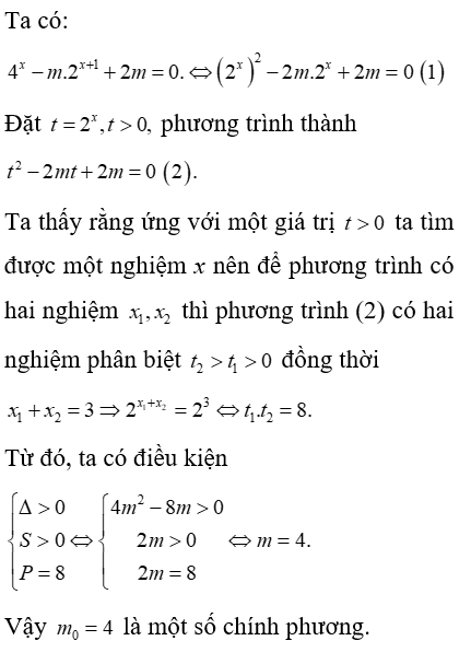 Cho phương trình 4^x - m 2 ^ x + 1 + 2m = 0   Biết rằng khi m = mo  thì phương trình có hai nghiệm phân biệt (ảnh 1)