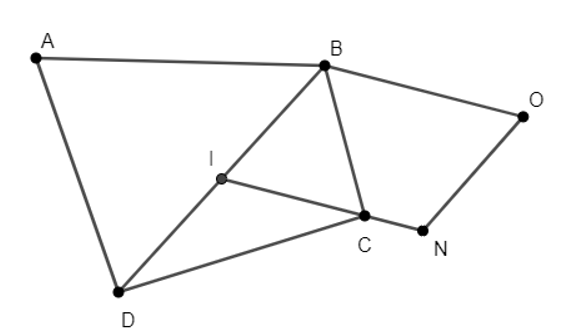 Cho tứ giác ABCD, I là trung điểm BD. Tìm điểm O thỏa mãn vecto OB+ 4 vecto OC= 2 vecto OD (ảnh 1)