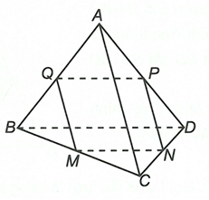 Cho tứ diện ABCD. Trên các cạnh BC, CD, AD lấy các điểm M, N, P lần lượt là trung điểm của chúng. (ảnh 1)