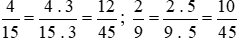 Đưa hai phân số (-4)/(-15) và (-2)/(-90) về dạng hai phân số có mẫu dương