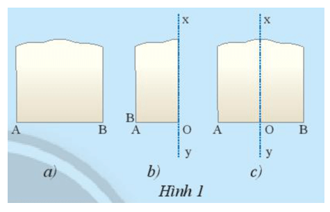 Lấy một mảnh giấy như trong Hình 1a, gọi một mép cắt là đoạn thẳng AB