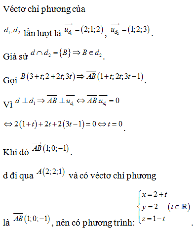 Trong không gian Oxyz, cho điểm A(2;2;1)  và đường thẳng d1:x/2=y-1/1=z-2/2 ,  . (ảnh 1)