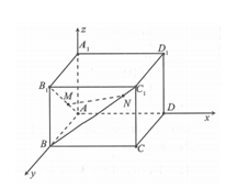 Cho hình lập phương ABCD. A1B1C1D1  có cạnh bằng 1. Hai điểm M, N lần lượt thay đổi trên các đoạn AB1  và BC1  sao cho   luôn tạo với mặt phẳng (ABCD)  một góc 60 (tham khảo hình vẽ). Giá trị bé nhất của đoạn   là  (ảnh 2)