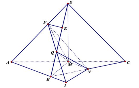 Cho hình chóp \(S.ABC\) có \(SA = SB = SC = 3,\) tam giác \(ABC\) vuông cân tại \(B\) và \(AC = 2\sqrt 2 .\) Gọi \(M,N\) lần lượt là trung điểm của \(AC\) và \(BC.\) Trên hai cạnh \(SA,SB\) l (ảnh 1)