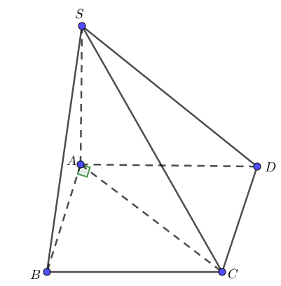 Cho hình chóp \(S.ABCD\) có \(SA \bot \left( {ABCD} \right)\), đáy \(ABCD\) là hình chữ nhật với\(AC = a\sqrt 3 \)và \(BC = a\). Tính khoảng cách giữa \(SD\) và \(BC\).  (ảnh 1)