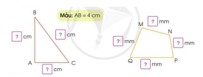 Đo độ dài mỗi cạnh của hình tam giác, hình tứ giác sau rồi viết số đo (theo mẫu) (ảnh 1)