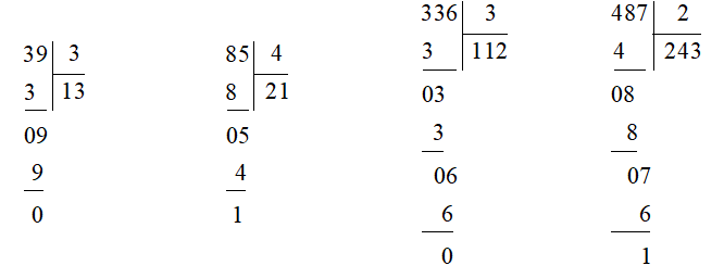 Đặt tính rồi tính:  a)  32 × 3  41 × 2  124 × 2  312 × 3 b)  39 : 3 85 : 4  336 : 3  487 : 2 (ảnh 2)