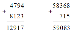 Đặt tính rồi tính: 25638 + 41546 16187 + 5806 4794 + 8123 58368 + 715 (ảnh 2)