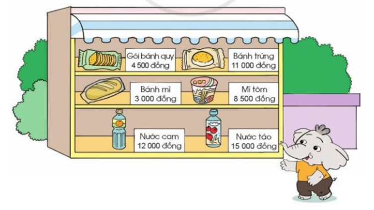 Chọn một mặt hàng em muốn mua ở bức tranh sau rồi tính xem nếu mua mặt hàng đó với số lượng là 5 thì cần trả bao nhiêu tiền. (ảnh 1)