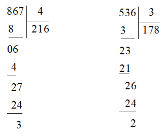 Tính rồi nêu thương và số dư trong mỗi phép chia sau: a) 867 : 4 536 : 3 b) 8 479 : 7  6 592 : 5 c) 36 425 : 2 84 909 : 6 (ảnh 1)