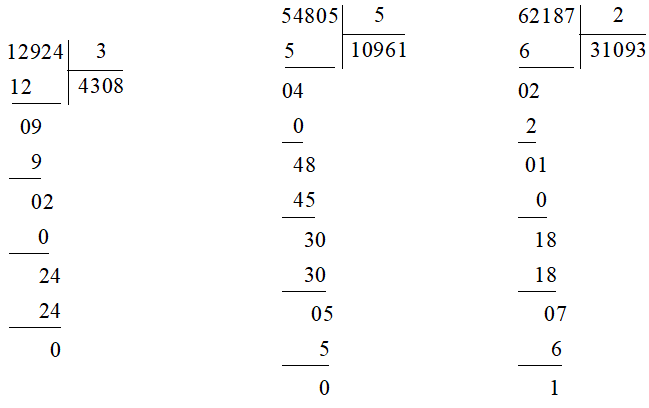 Đặt tính rồi tính: 8340 : 4 			6309 : 9 			5435 : 6 12924 : 3 			54805 : 5 			62187 : 2 (ảnh 2)