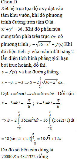 Một mảnh vườn hình tròn tâm O bán kính 6m. Người ta cần trồng cây trên dải đất (ảnh 2)