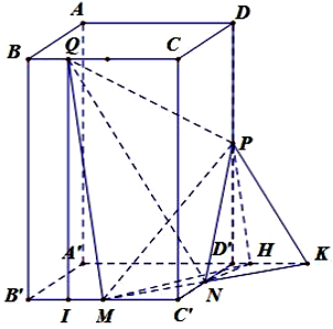 Cho hình hộp đứng ABCDA'B'C'D'  có ĐÁY AA'=2  là hình thoi với ABC  là tam giác đều cạnh 4. Gọi M,N,P  lần lượt là trung điểm của   và   thuộc cạnh   sao cho  . Tính thể tích tứ diện  .  (ảnh 1)