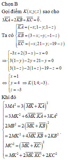 Trong không gian với hệ tọa độ Oxyz cho ba điểm A(0;1;1), B(3;0;-1), C(0;21;-9)  (ảnh 1)