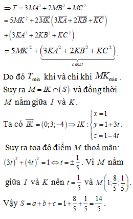 Trong không gian với hệ tọa độ Oxyz cho ba điểm A(0;1;1), B(3;0;-1), C(0;21;-9)  (ảnh 2)