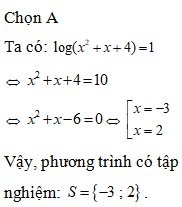 Nghiệm của phương trình logarit của (x^2+x+4)=1 là (ảnh 1)